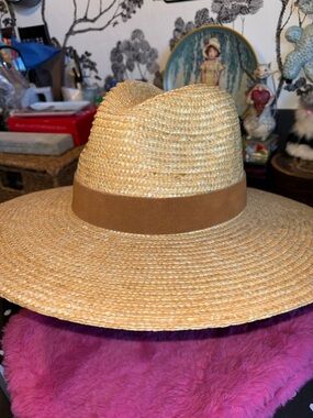 GIGI PIP Natural Straw Wide Brim Fedora with Brown Band